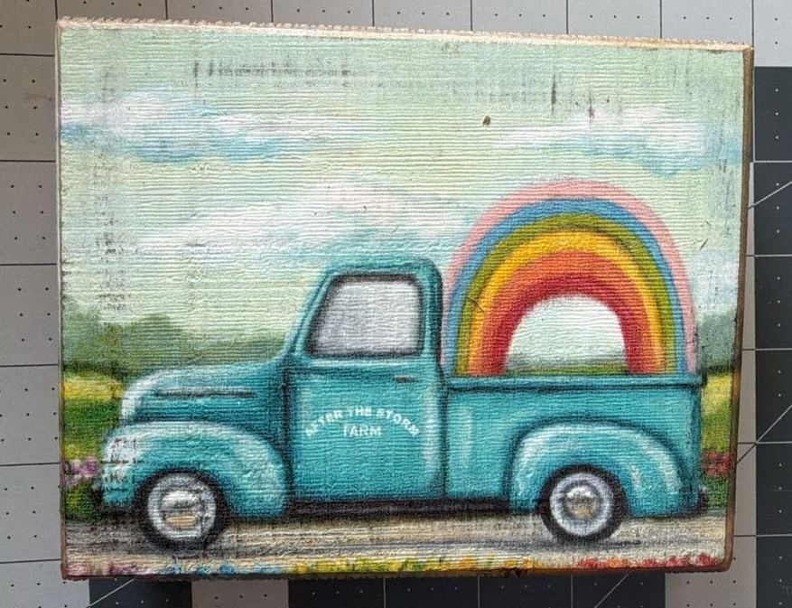 Primitives by Kathy Rainbow After the Storm Farm Truck Block Sign 1