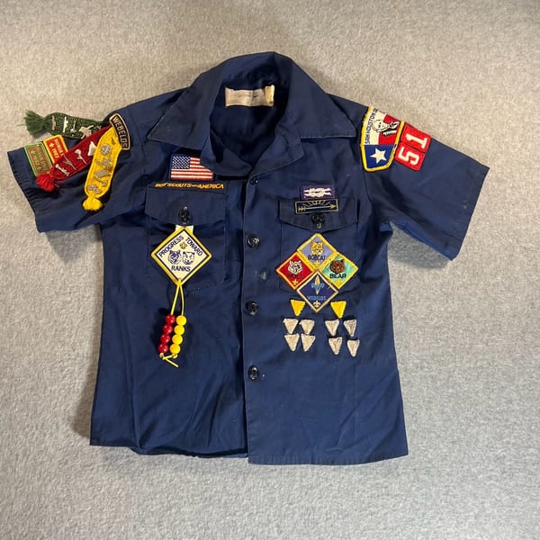 Vintage Cub Scout Shirt with Sam Houston Area Council Patches and Webelos Pins