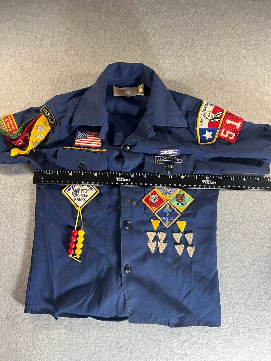 Vintage Cub Scout Shirt with Sam Houston Area Council Patches and Webelos Pins 9