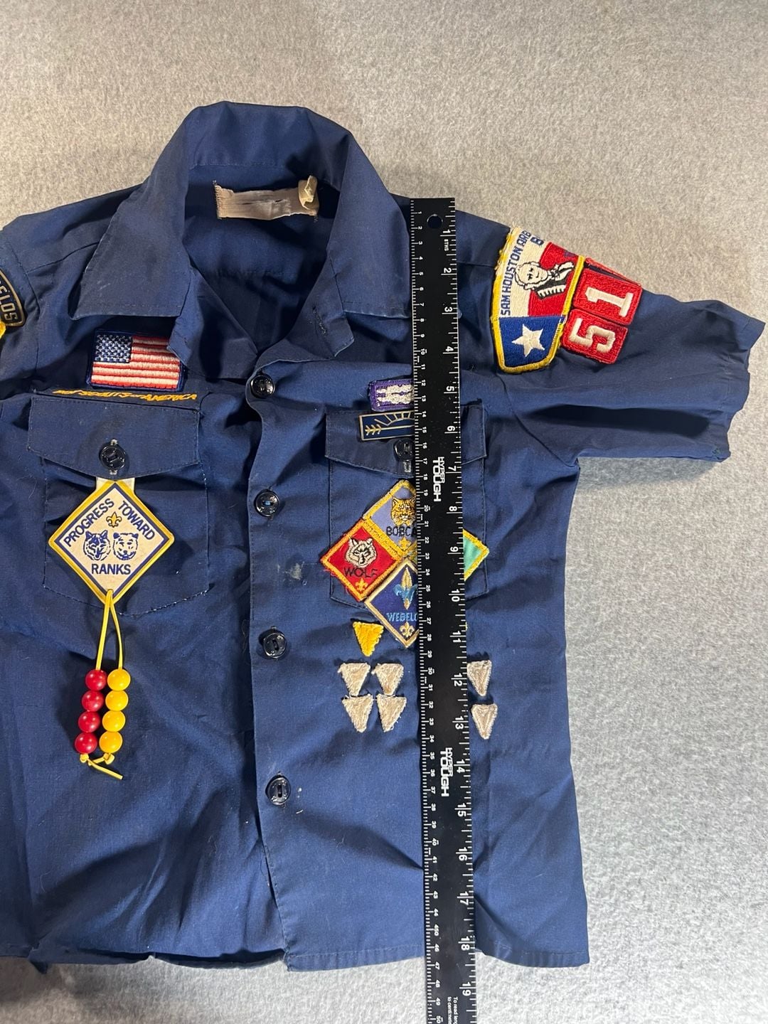 Vintage Cub Scout Shirt with Sam Houston Area Council Patches and Webelos Pins 10