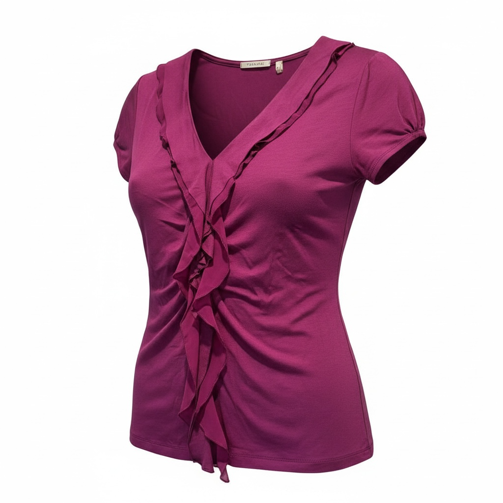 T Tahari Purple Ruffled V-Neck Short Sleeve Blouse 2