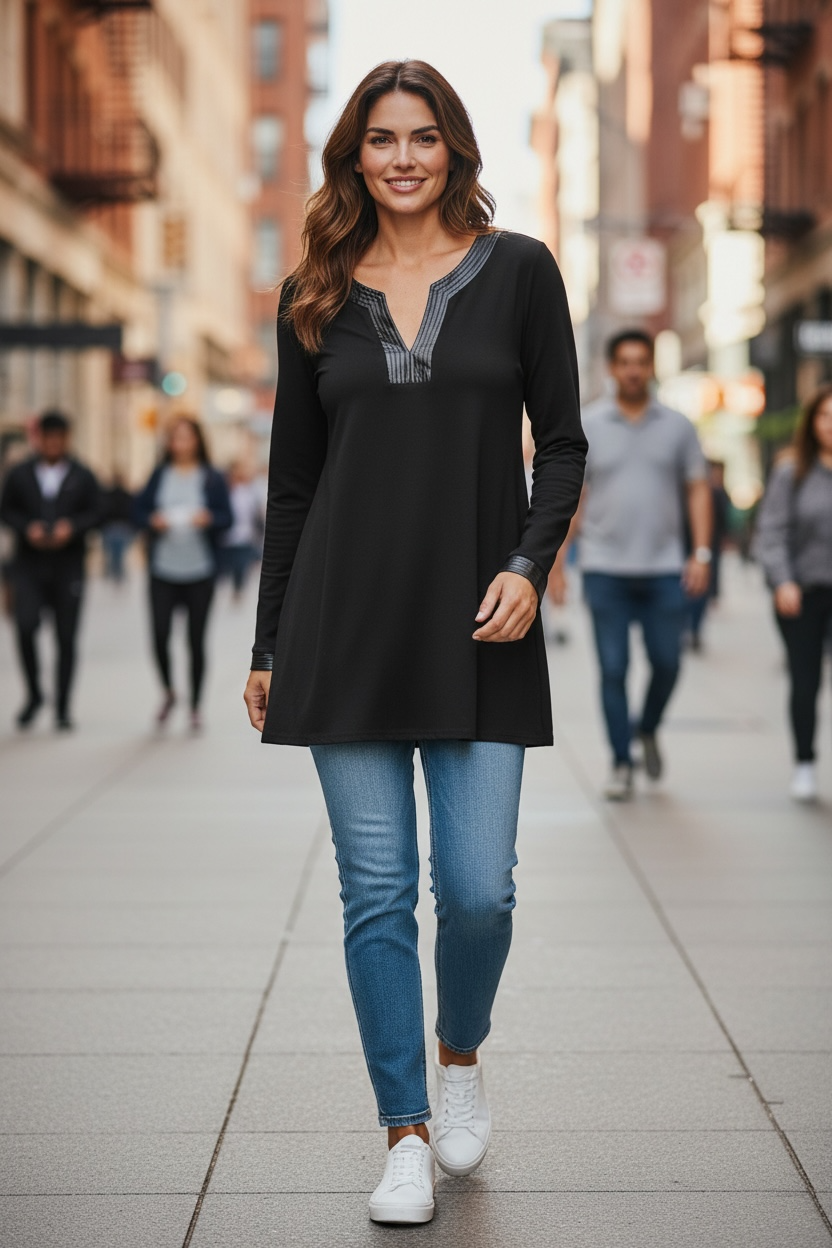 Charter Club Faux Leather Trim Notch Neck Tunic Top 7