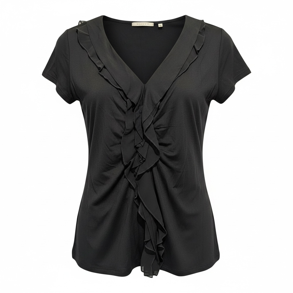 T Tahari Black Ruffle Front V-Neck Short Sleeve Blouse 2
