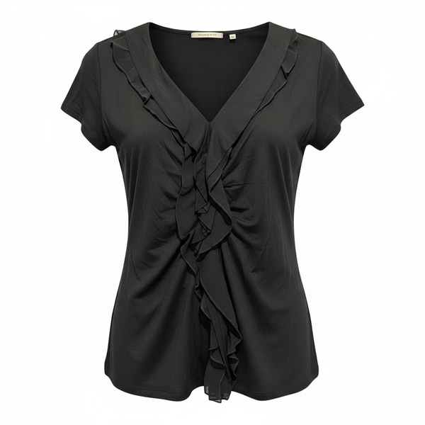 T Tahari Black Ruffle Front V-Neck Short Sleeve Blouse