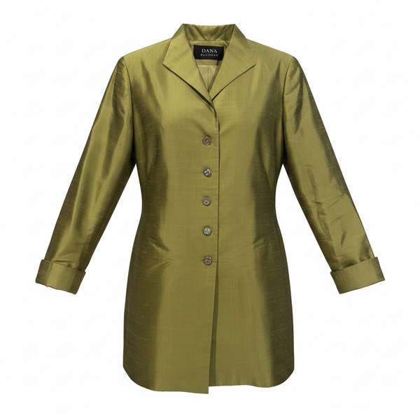 Dana Buchman Vintage Olive Green Silk Dupioni Longline Blazer Jacket