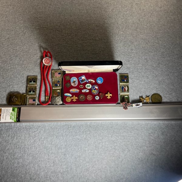 Vintage Boy Scouts of America BSA Collection: Order of the Arrow Bolo Tie, Pins, Belt Buckle, and Merit Badges