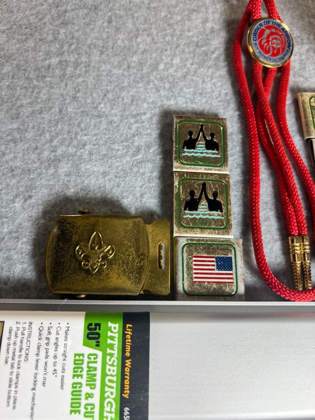 Vintage Boy Scouts of America BSA Collection: Order of the Arrow Bolo Tie, Pins, Belt Buckle, and Merit Badges 2