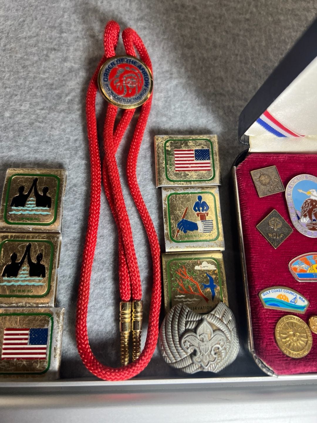 Vintage Boy Scouts of America BSA Collection: Order of the Arrow Bolo Tie, Pins, Belt Buckle, and Merit Badges 3