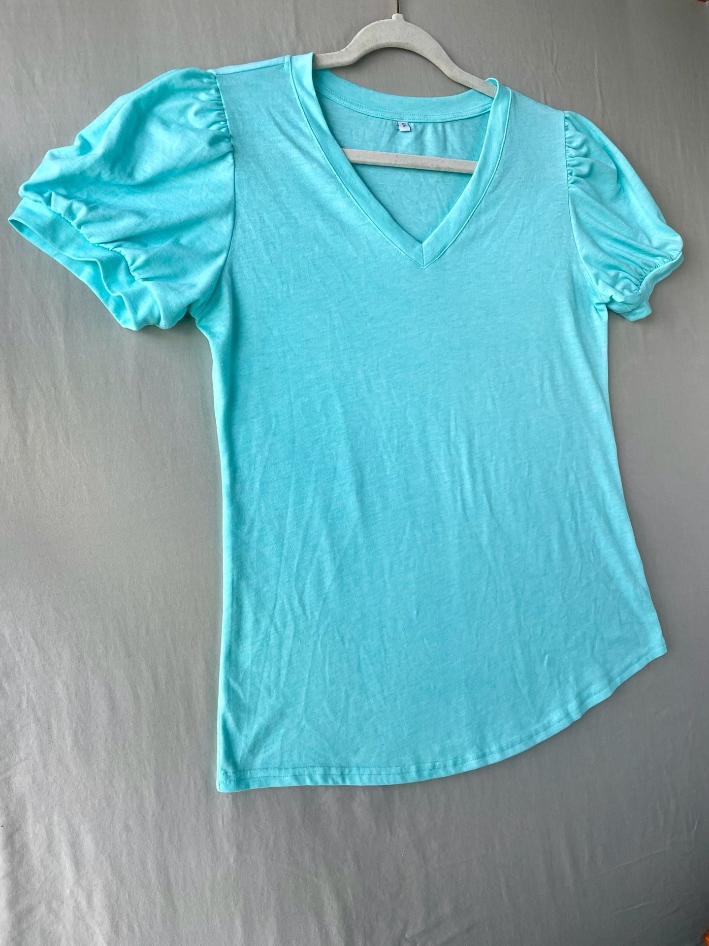 Bright Aqua Blue V-Neck Puff Sleeve Knit Top 2