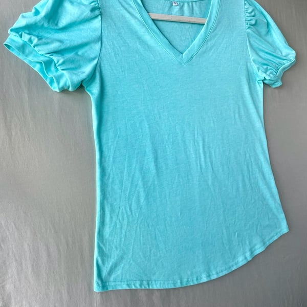 Bright Aqua Blue V-Neck Puff Sleeve Knit Top