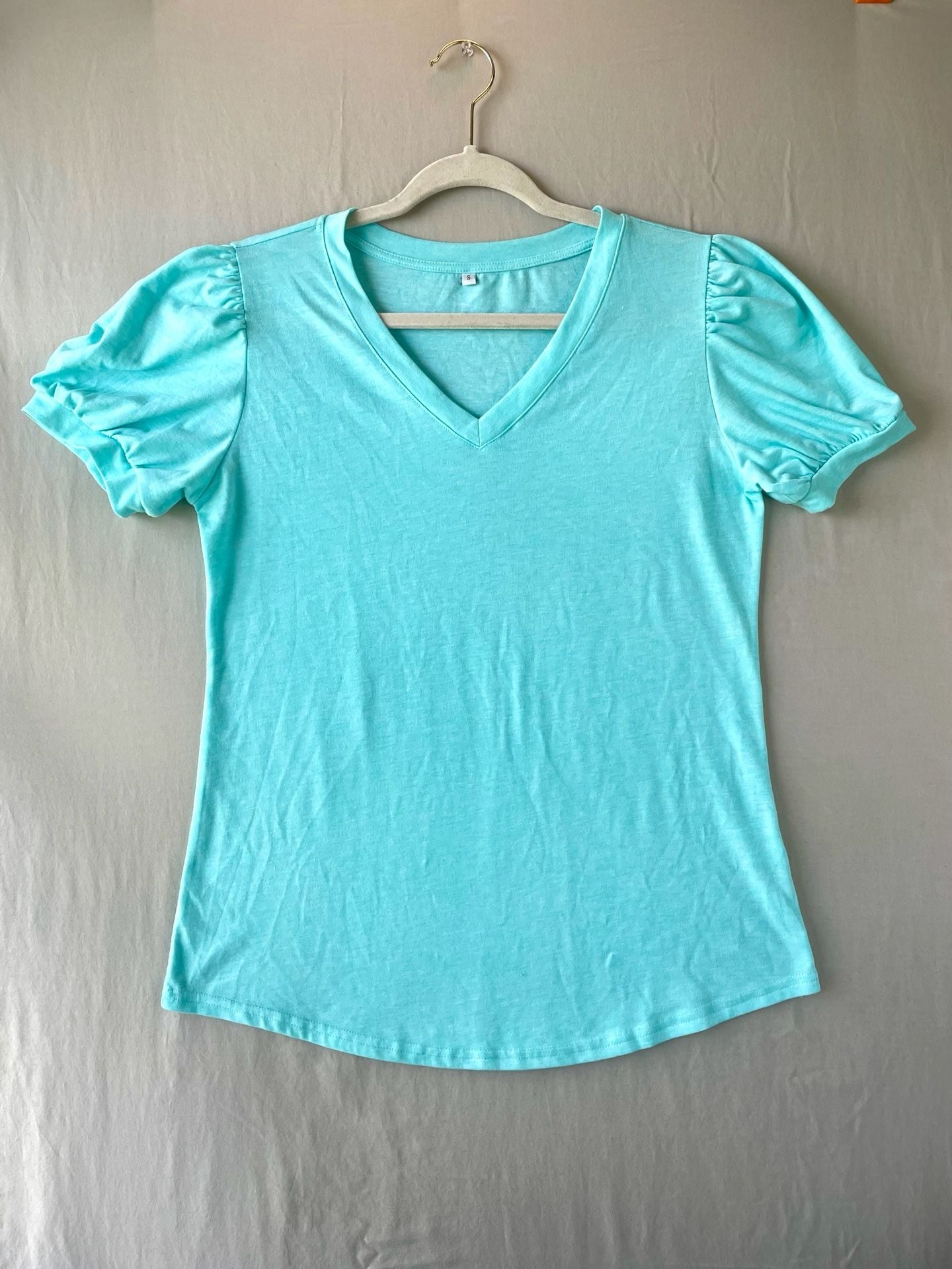 Bright Aqua Blue V-Neck Puff Sleeve Knit Top 3