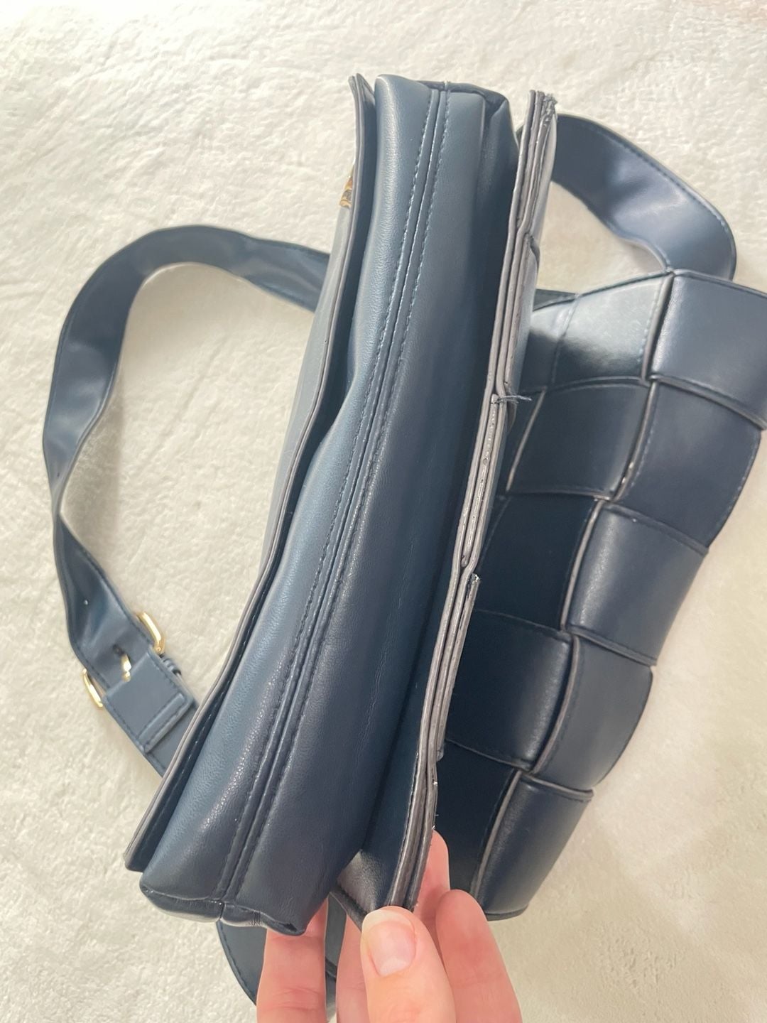 Sondra Roberts Navy Blue Woven Faux Leather Crossbody Bag Adjustable Strap 11