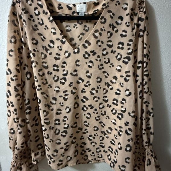 A New Day Leopard Print V-Neck Blouse with Smocked Ruffle Cuffs