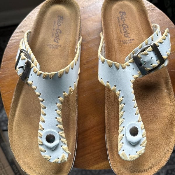 Bio-Gold White Leather Whipstitch Thong Sandals