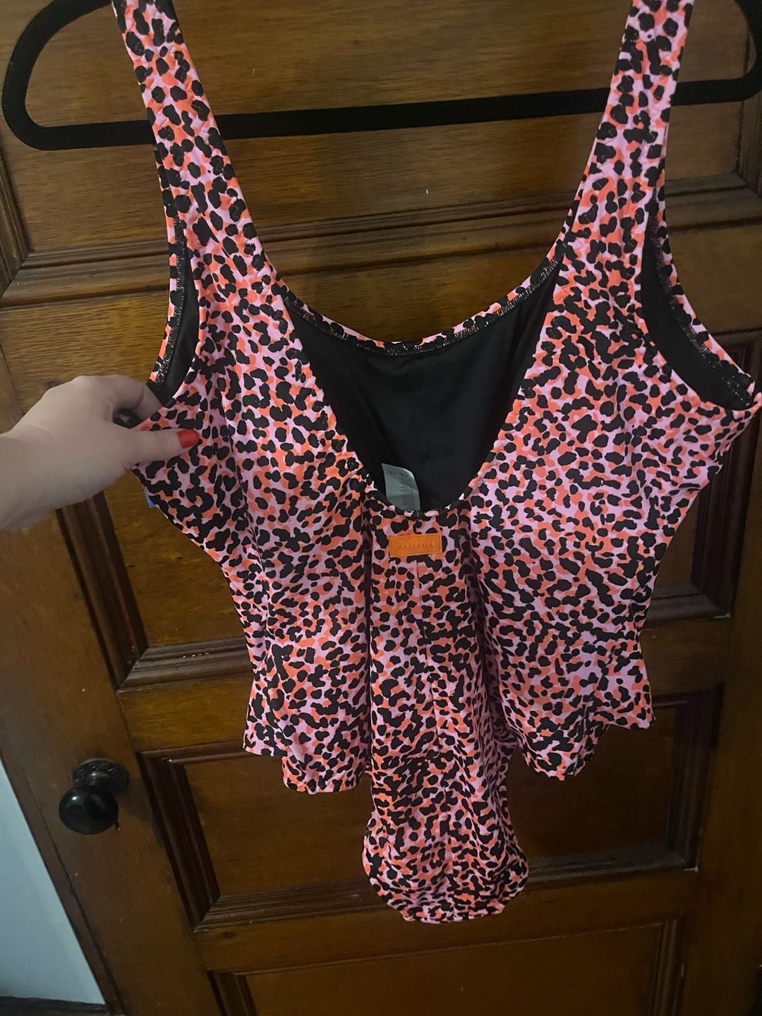 Fabletics Scoop Tie Back One-Piece Swimsuit in Flash Orange Safari Spots 3