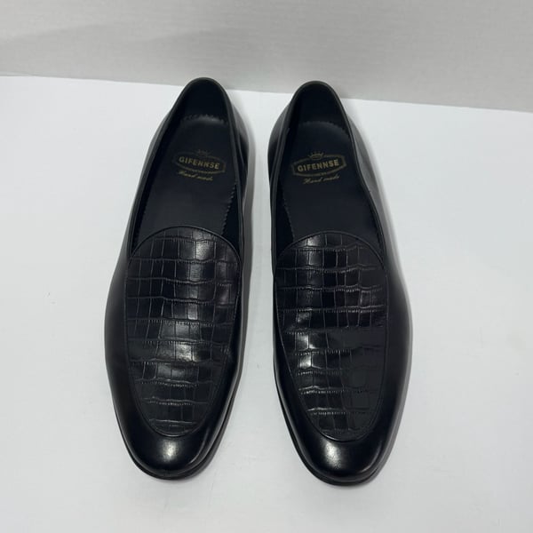 GIFENNSE Handmade Black Leather Croc-Embossed Loafers Size 13