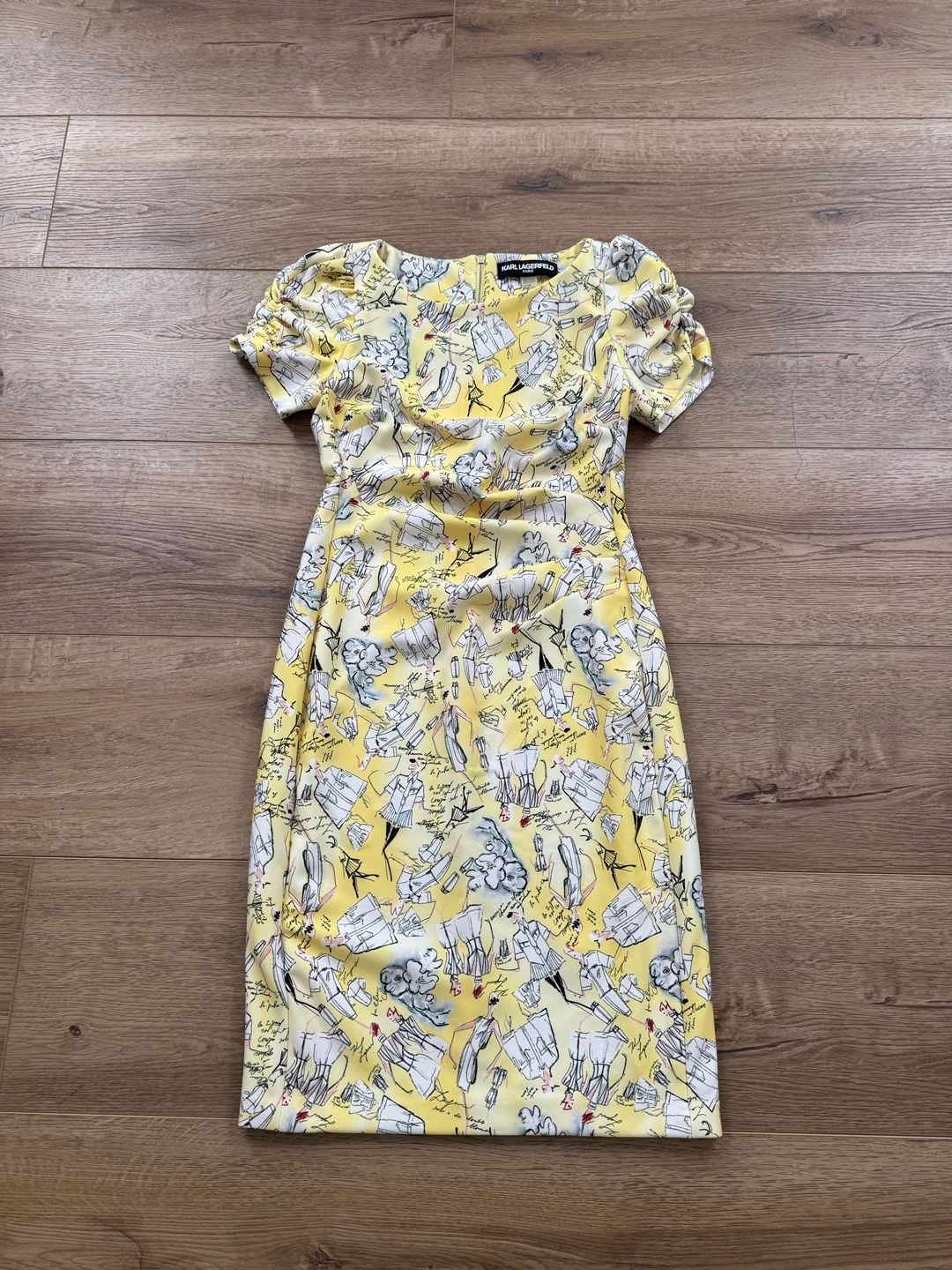 Karl Lagerfeld Paris Yellow Sketch Print Sheath Dress Ruched Sleeve Size 4 3