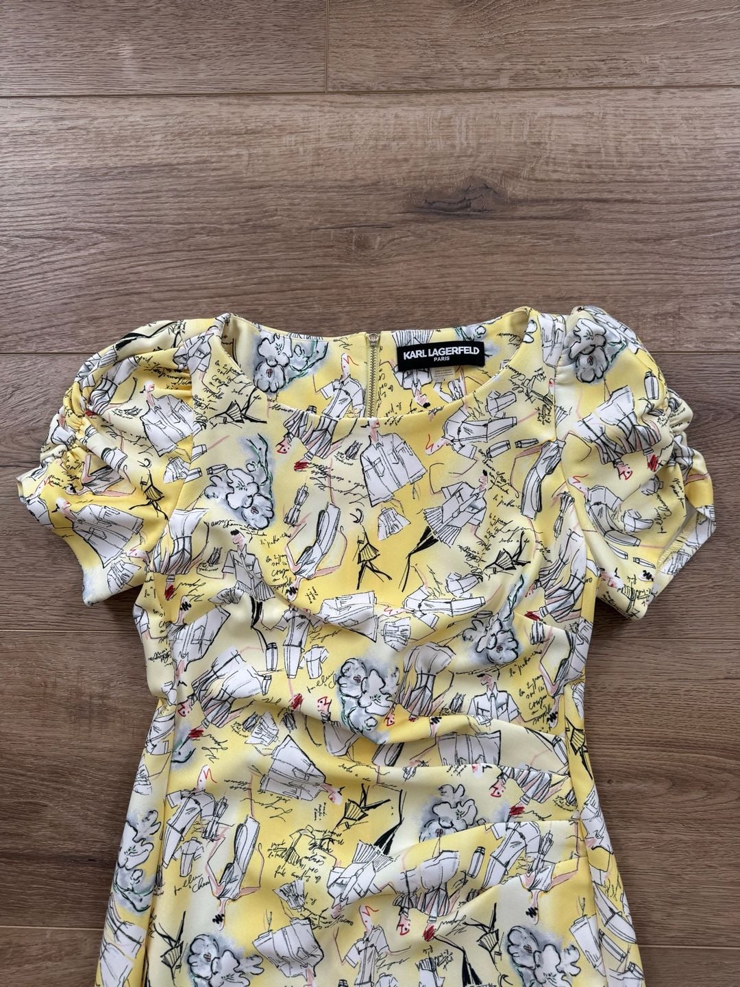 Karl Lagerfeld Paris Yellow Sketch Print Sheath Dress Ruched Sleeve Size 4 4