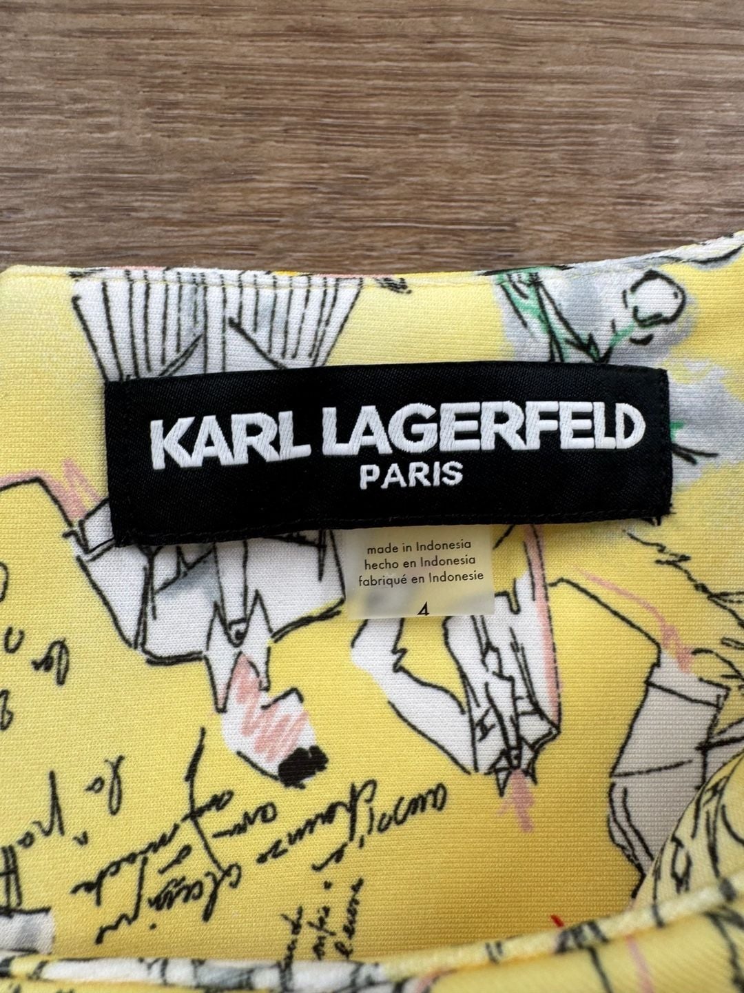 Karl Lagerfeld Paris Yellow Sketch Print Sheath Dress Ruched Sleeve Size 4 5
