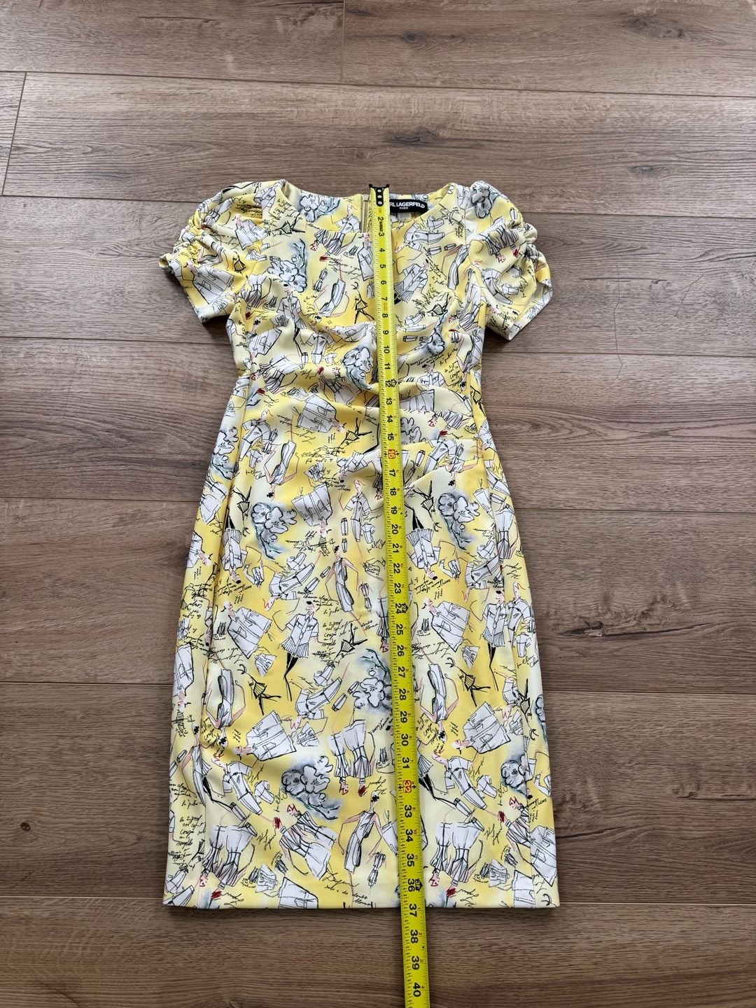 Karl Lagerfeld Paris Yellow Sketch Print Sheath Dress Ruched Sleeve Size 4 6