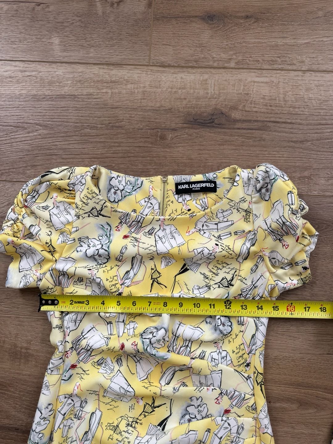 Karl Lagerfeld Paris Yellow Sketch Print Sheath Dress Ruched Sleeve Size 4 7