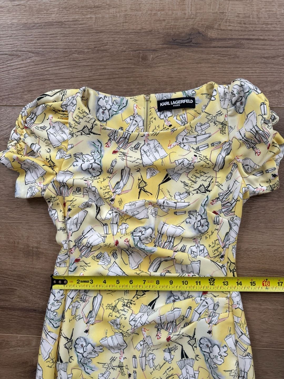 Karl Lagerfeld Paris Yellow Sketch Print Sheath Dress Ruched Sleeve Size 4 8