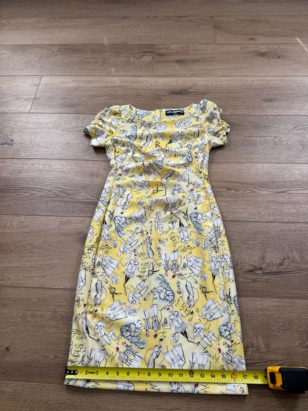 Karl Lagerfeld Paris Yellow Sketch Print Sheath Dress Ruched Sleeve Size 4 9