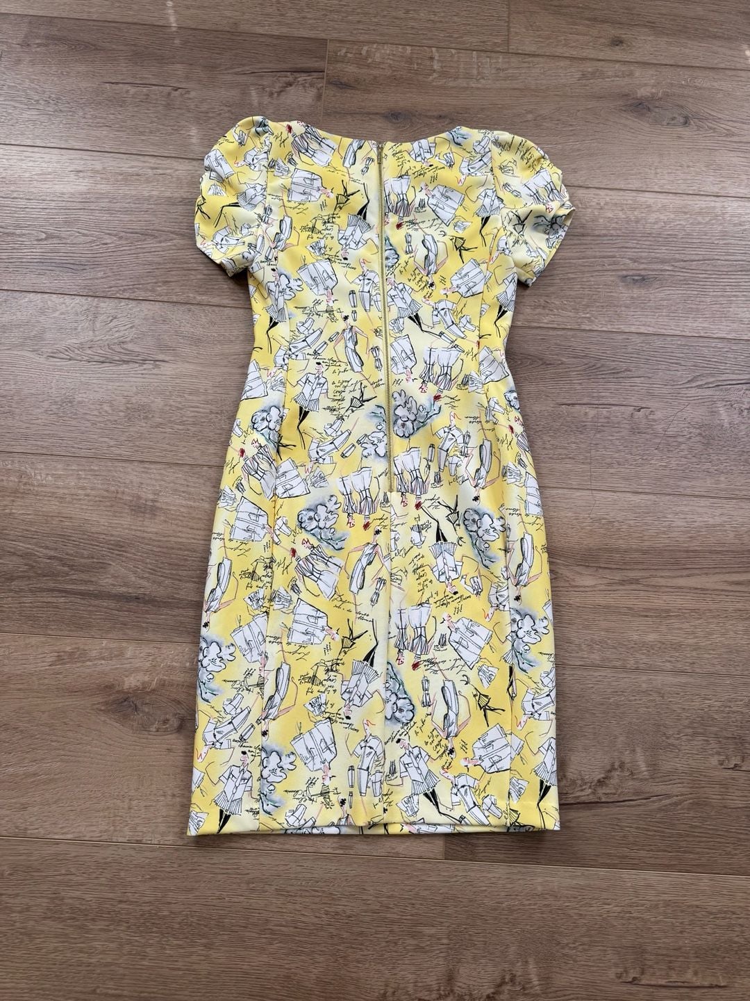 Karl Lagerfeld Paris Yellow Sketch Print Sheath Dress Ruched Sleeve Size 4 15