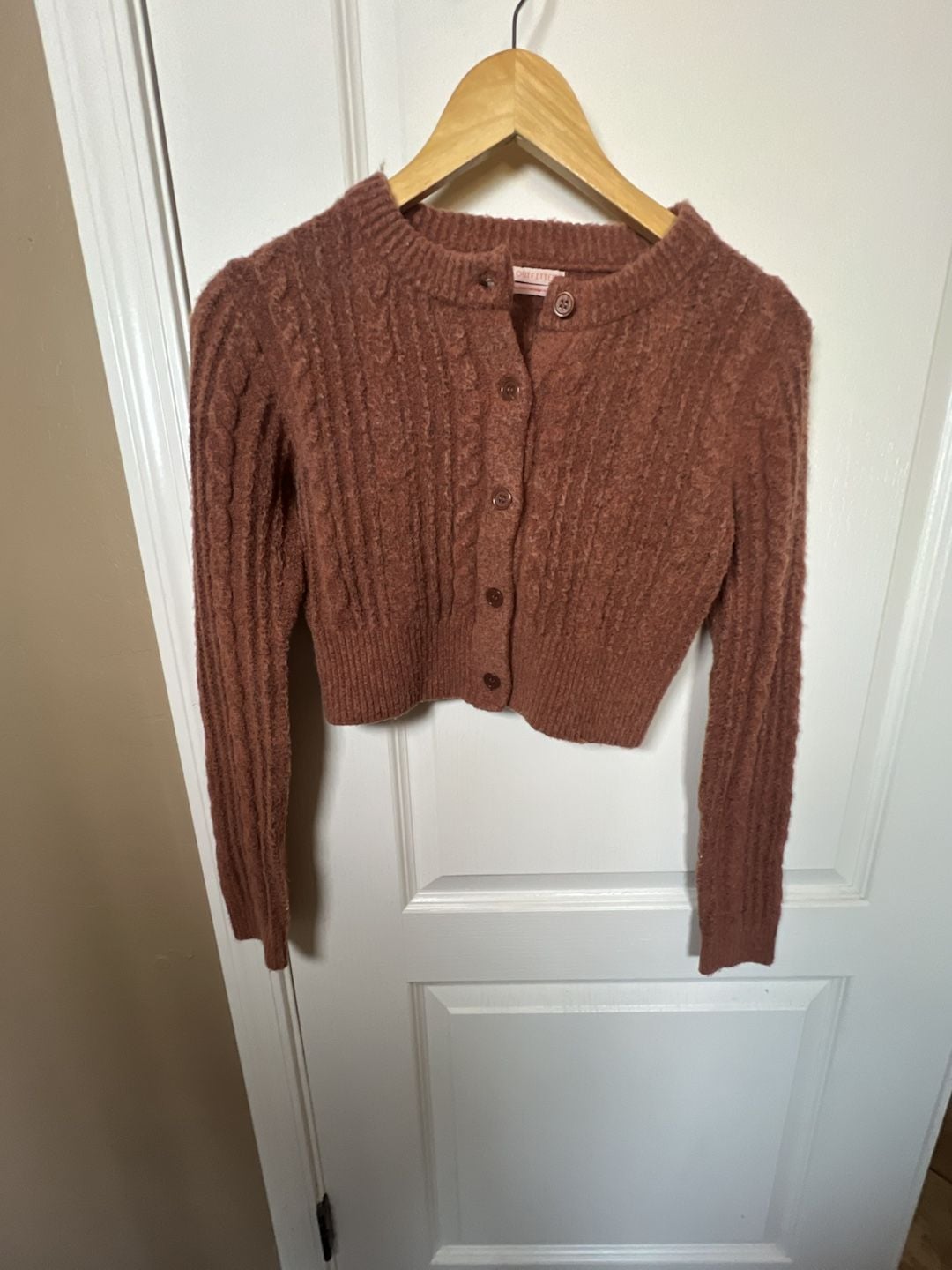 Urban Outfitters Cropped Cable Knit Fuzzy Cardigan in Terracotta 2