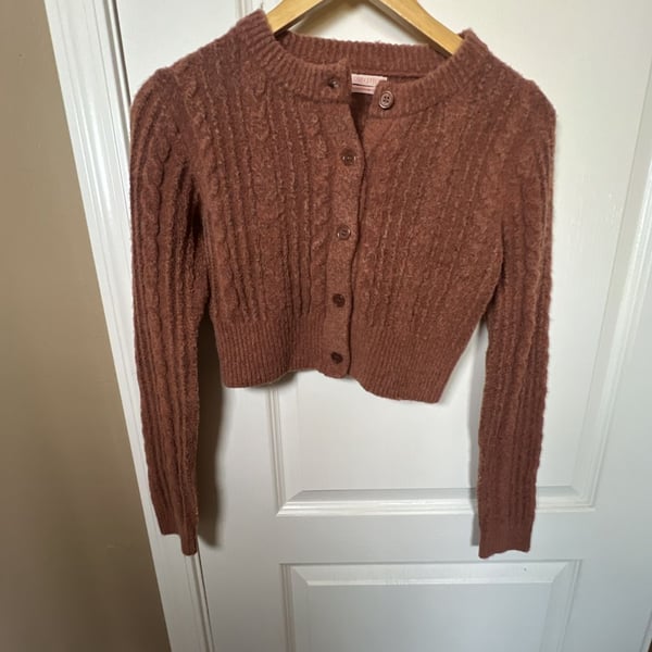 Urban Outfitters Cropped Cable Knit Fuzzy Cardigan in Terracotta
