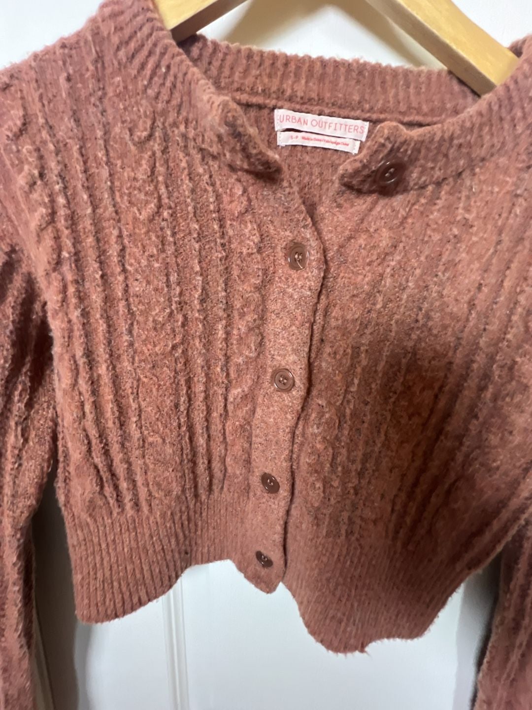 Urban Outfitters Cropped Cable Knit Fuzzy Cardigan in Terracotta 4