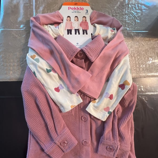 Pekkle 2T Girls 3-Piece Heart Tops Set Pink Corduroy Jacket and Long Sleeve
