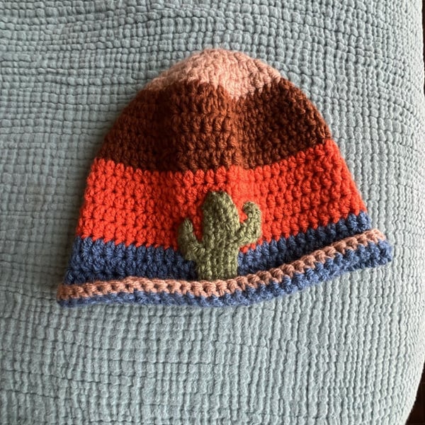 Handmade Crochet Cactus Sunset Beanie Striped Knit Hat