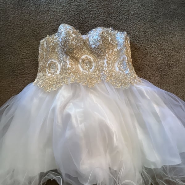 Star Box White and Gold Lace Corset Tulle Prom Cocktail Dress
