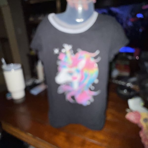 Children's Place Girls Black Unicorn T-Shirt Stars Pink Purple XS 4