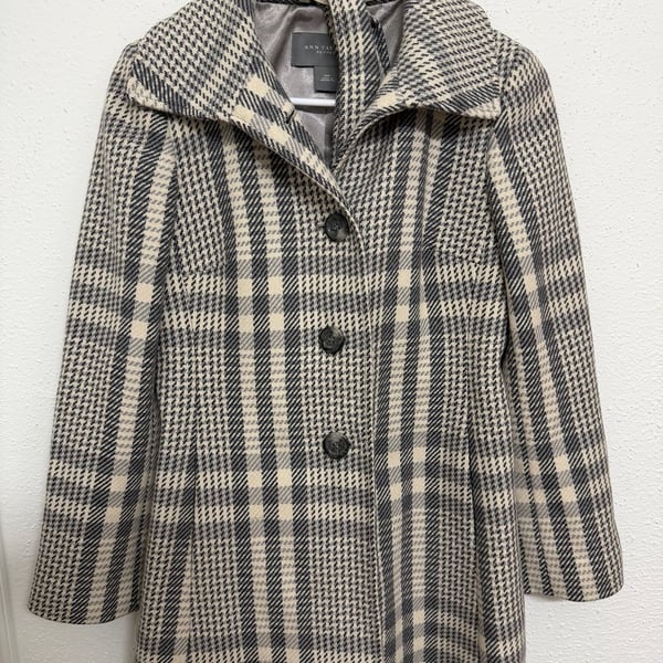 Ann Taylor Petites Plaid Wool Blend Single-Breasted Pea Coat
