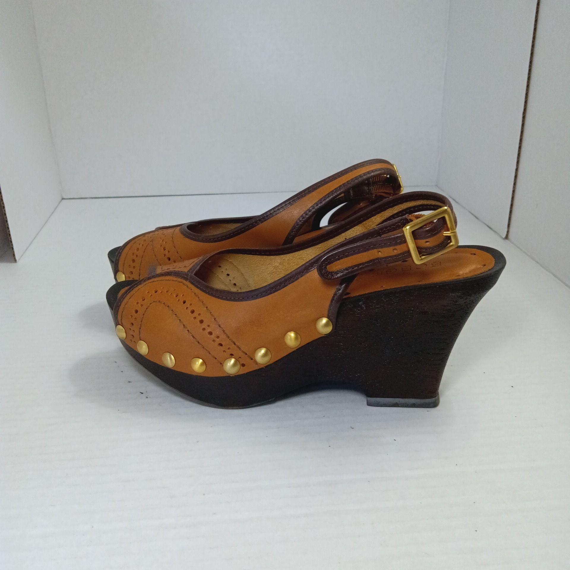 BCBGirls Leather Studded Slingback Wedge Sandals 7