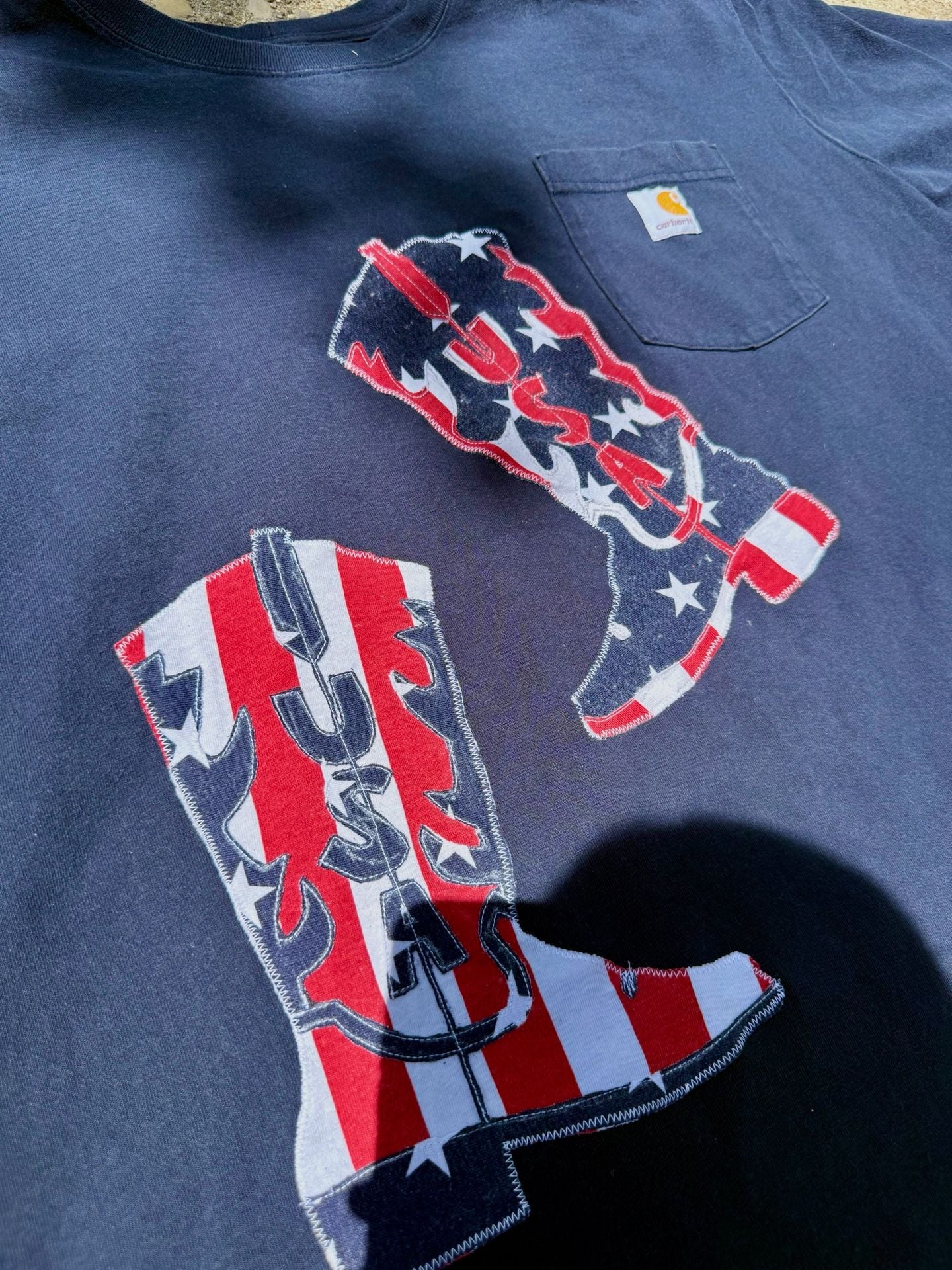 Handmade Carhartt Custom USA Cowboy Boots Applique Pocket T-Shirt 4