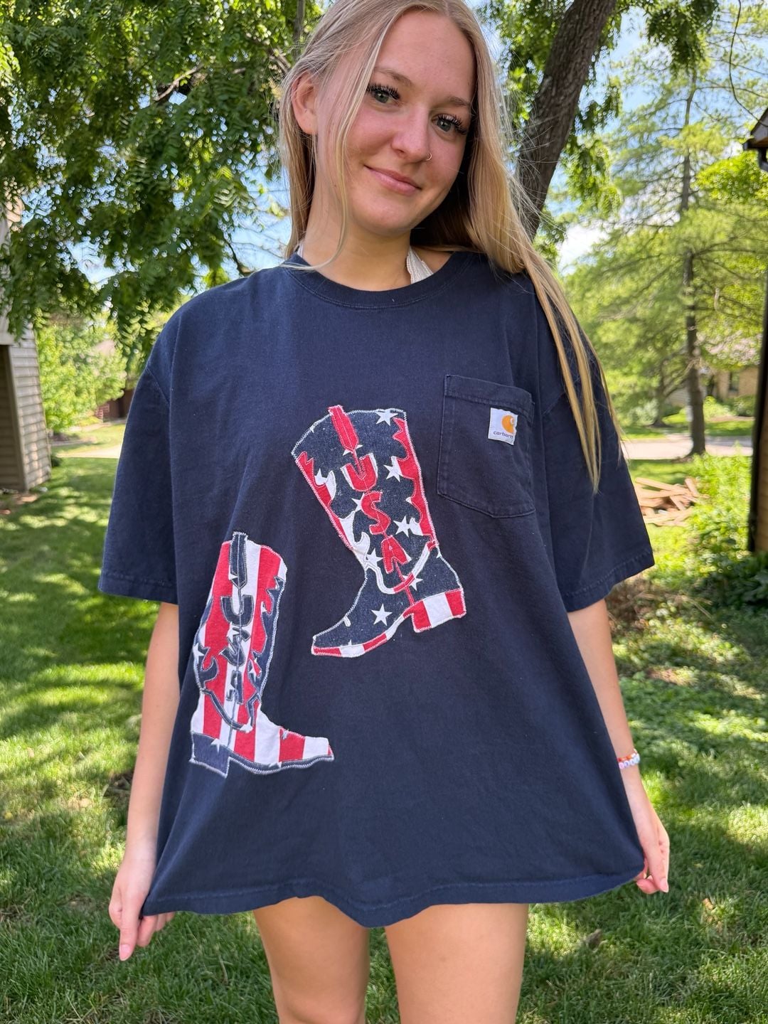 Handmade Carhartt Custom USA Cowboy Boots Applique Pocket T-Shirt 6