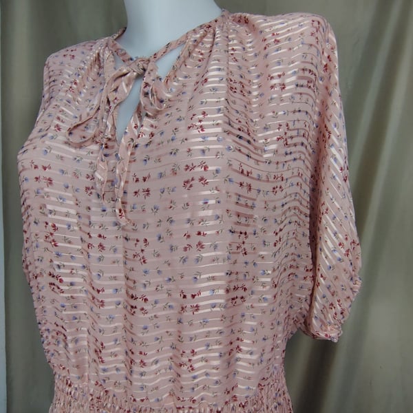 Vintage 70s ILGWU Pink Sheer Floral Satin Stripe Pleated Midi Dress with Tie Neck, size 8