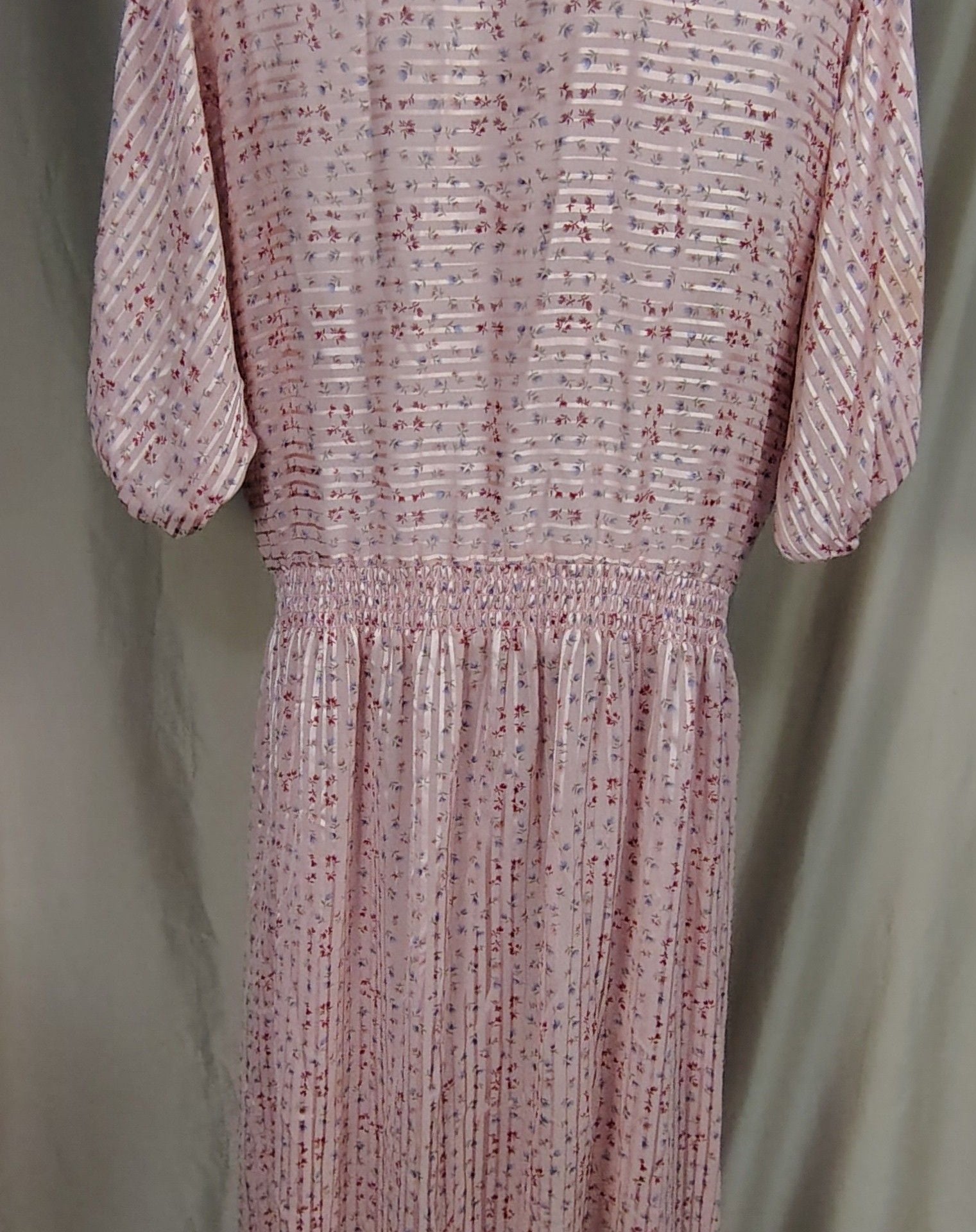 Vintage 70s ILGWU Pink Sheer Floral Satin Stripe Pleated Midi Dress with Tie Neck, size 8 10