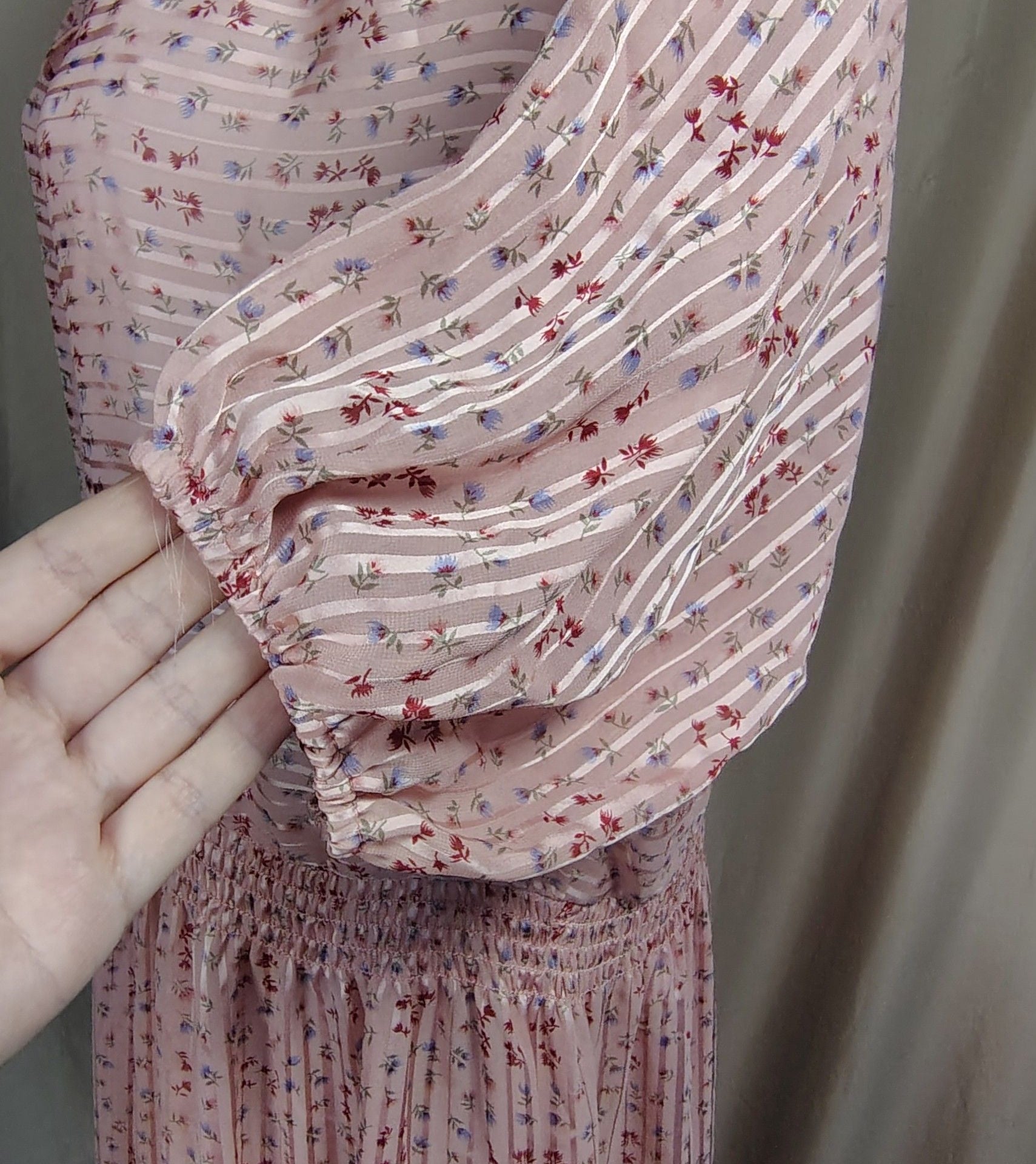 Vintage 70s ILGWU Pink Sheer Floral Satin Stripe Pleated Midi Dress with Tie Neck, size 8 11