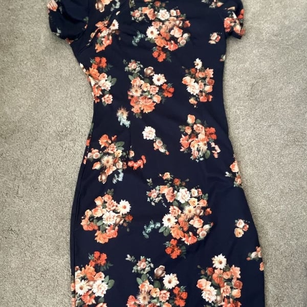 Oxiuly Fashion Floral Print Sleeve Bodycon Sheath Dress- S