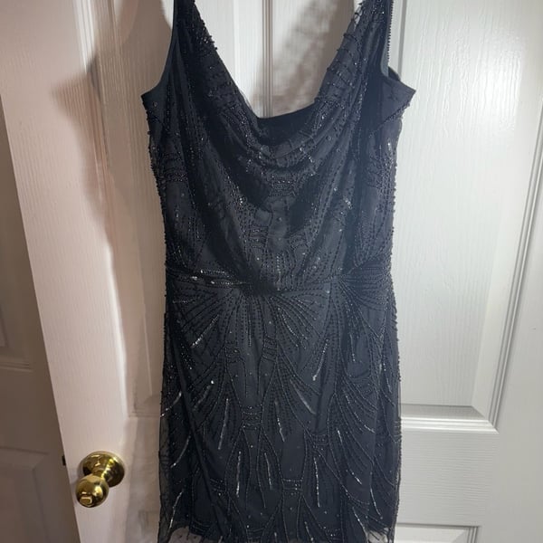 Altar'd State Black Beaded Art Deco Mini Dress with Cowl Neck