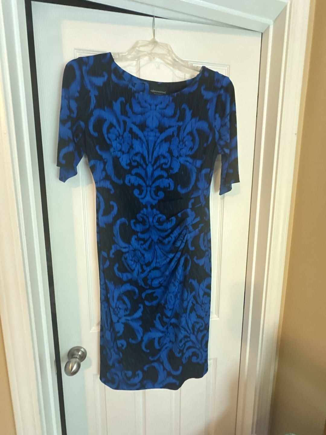 Connected Apparel Blue and Black Damask Ruched Sheath Dress 2