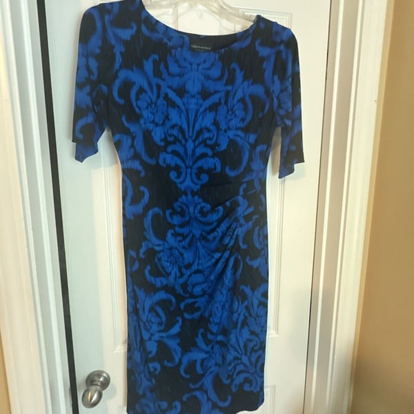 Connected Apparel Blue and Black Damask Ruched Sheath Dress