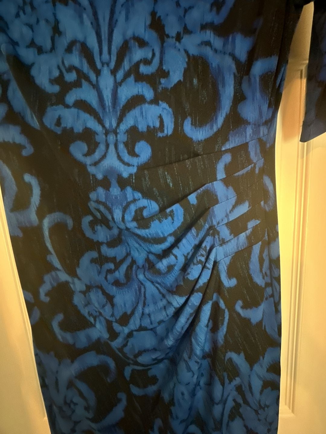 Connected Apparel Blue and Black Damask Ruched Sheath Dress 4