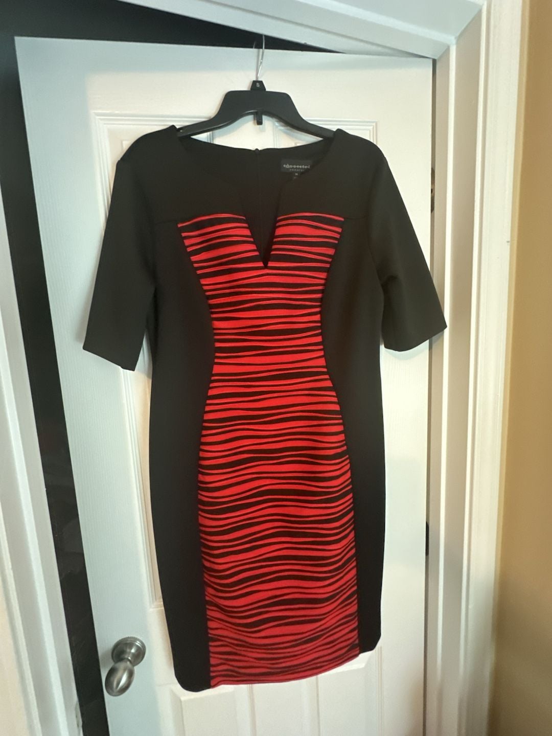 Connected Apparel Black and Red Textured Striped Panel Sheath Dress 2