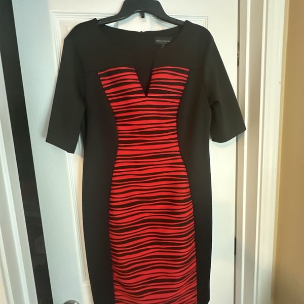 Connected Apparel Black and Red Textured Striped Panel Sheath Dress