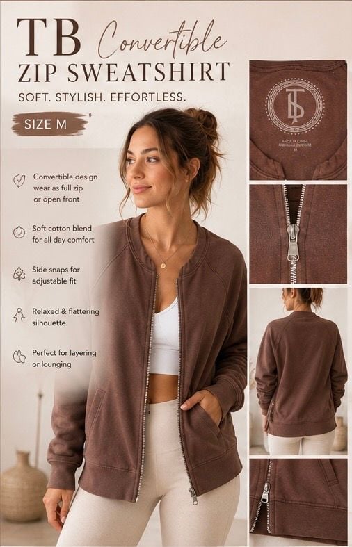 Women's Brown Drawstring zip-through hoodie 2